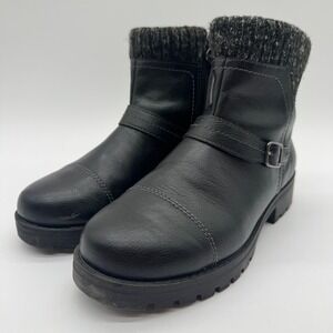 J Sport Violet Women's 7.5 Black Ankle Boots Knit Cuff Buckle Zip Lug Sole